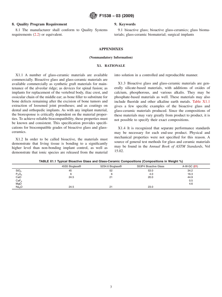 ASTM F1538-03(2009) - Standard Specification for  Glass and Glass Ceramic Biomaterials for Implantation