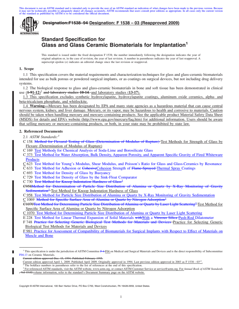 REDLINE ASTM F1538-03(2009) - Standard Specification for  Glass and Glass Ceramic Biomaterials for Implantation