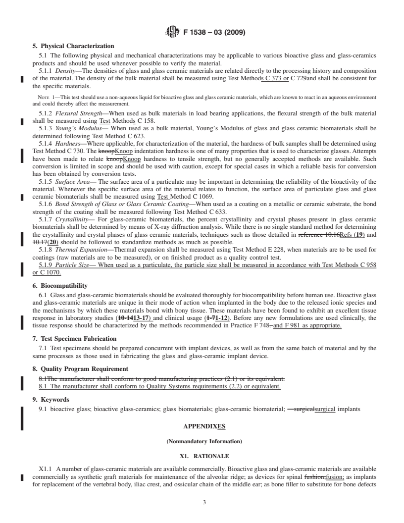 REDLINE ASTM F1538-03(2009) - Standard Specification for  Glass and Glass Ceramic Biomaterials for Implantation