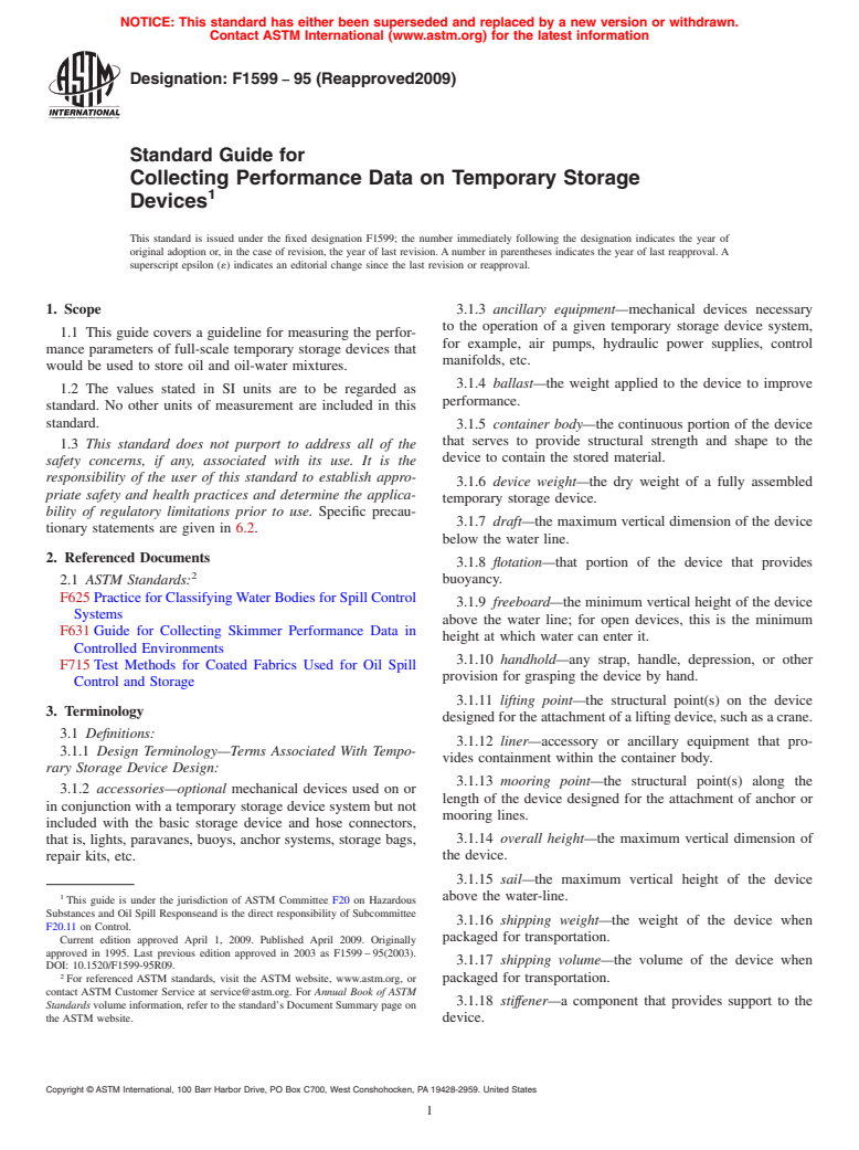 ASTM F1599-95(2009) - Standard Guide for Collecting Performance Data on Temporary Storage Devices