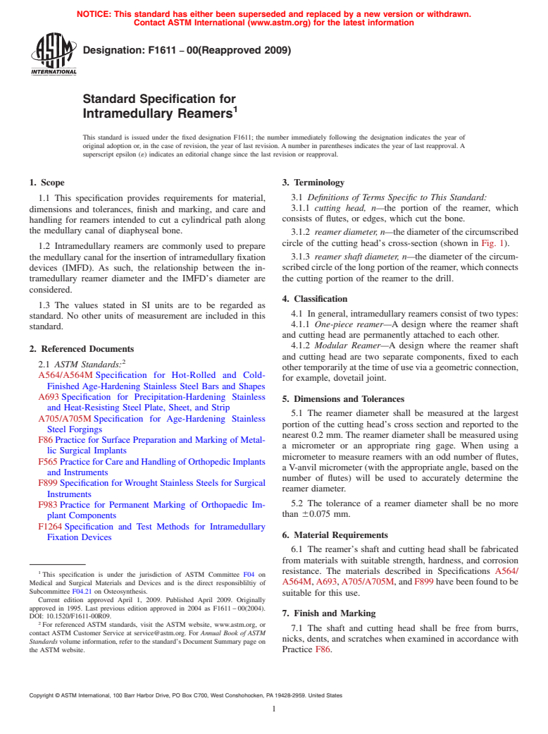 ASTM F1611-00(2009) - Standard Specification for Intramedullary Reamers