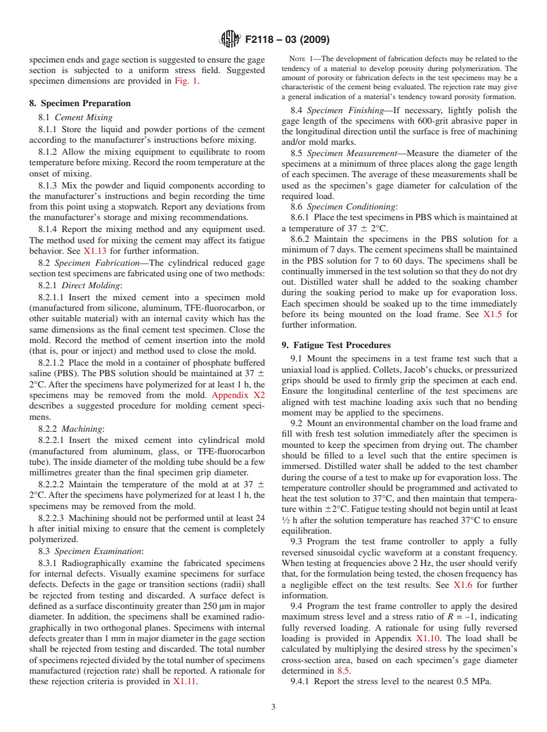 ASTM F2118-03(2009) - Test Method for Constant Amplitude of Force Controlled Fatigue Testing of Acrylic Bone Cement Materials