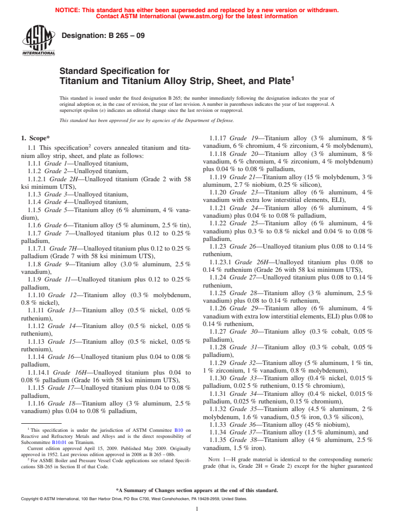 ASTM B265-09 - Standard Specification for  Titanium and Titanium Alloy Strip, Sheet, and Plate