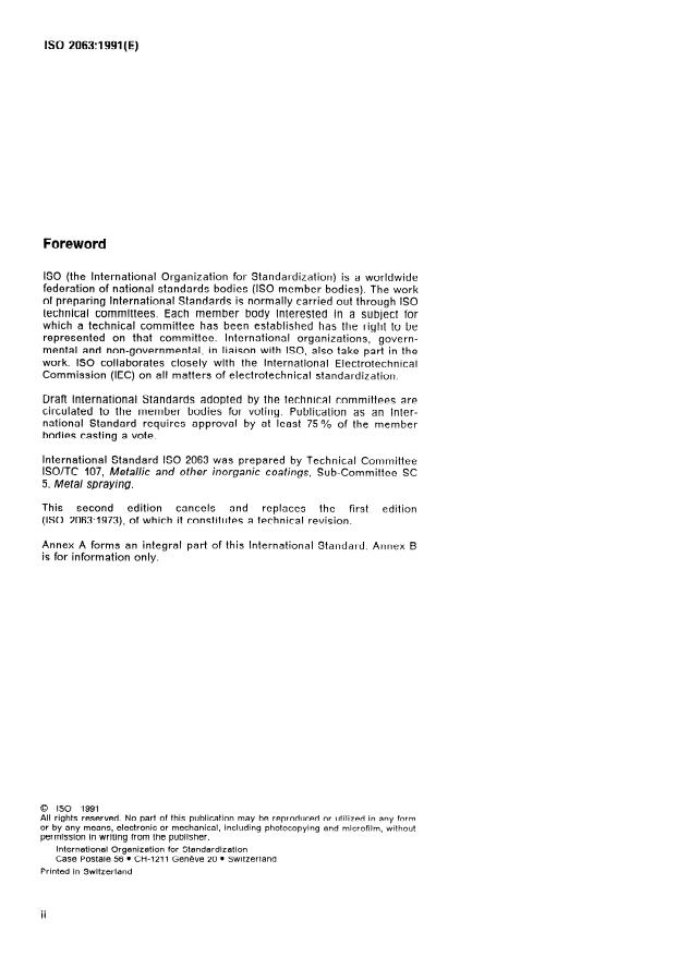 ISO 2063:1991 ISO 2063:1991 - Metallic and other inorganic coatings -- Thermal spraying -- Zinc, aluminium and their alloys - Page 2 preview