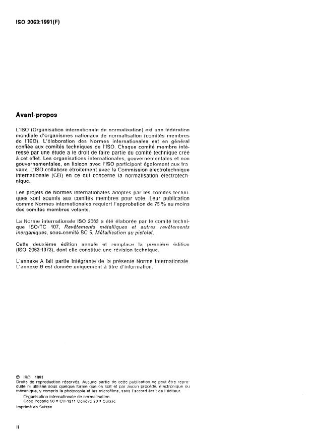 ISO 2063:1991 ISO 2063:1991 - Revetements métalliques et inorganiques -- Projection thermique -- Zinc, aluminium et alliages de ces métaux - Page 2 preview
