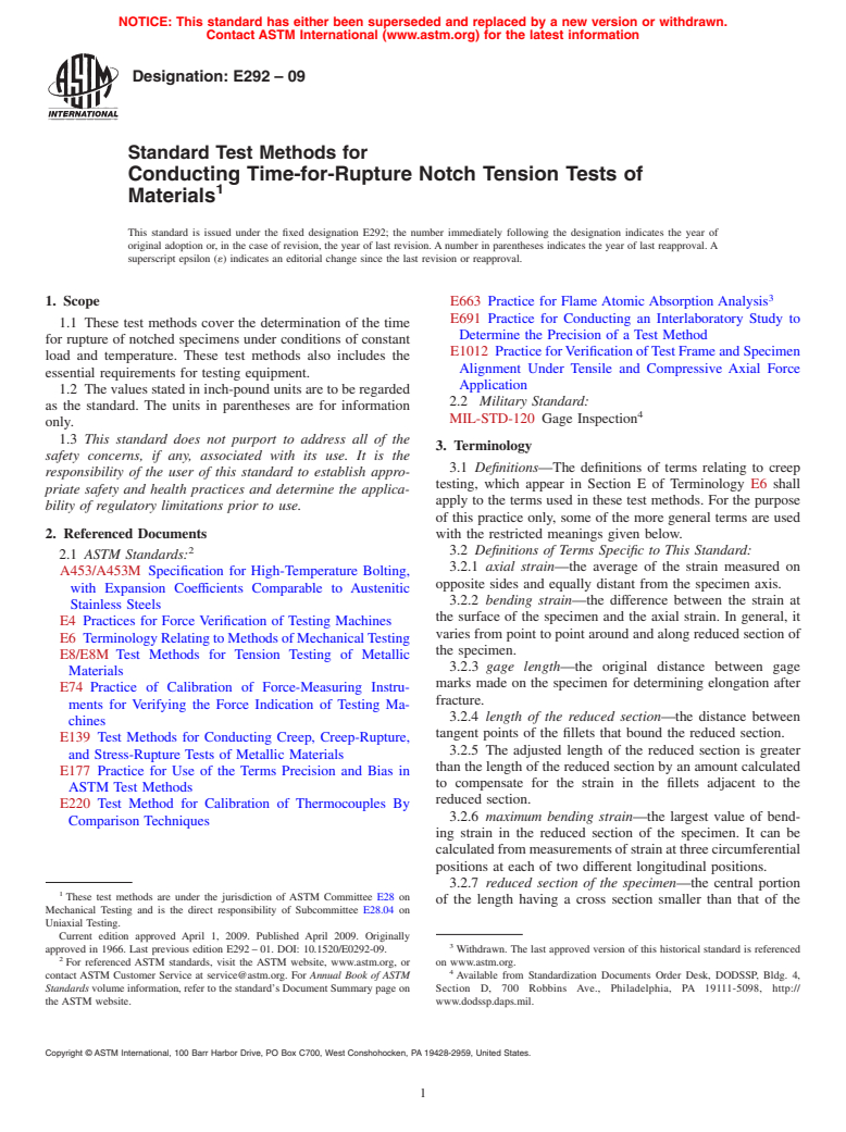 ASTM E292-09 - Standard Test Methods for Conducting Time-for-Rupture Notch Tension Tests of Materials