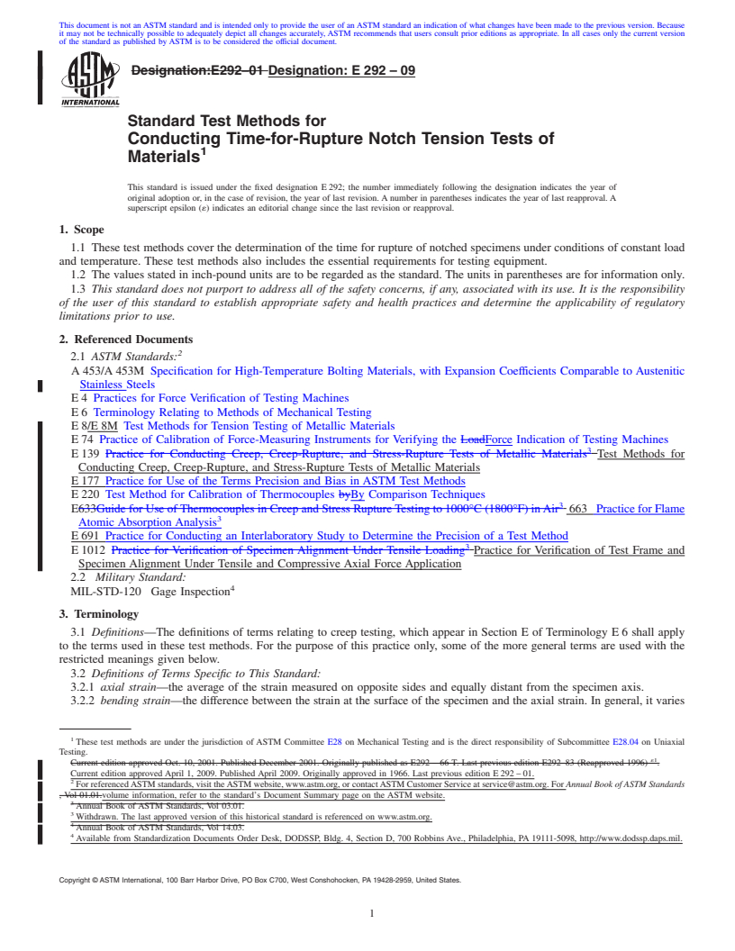 REDLINE ASTM E292-09 - Standard Test Methods for Conducting Time-for-Rupture Notch Tension Tests of Materials