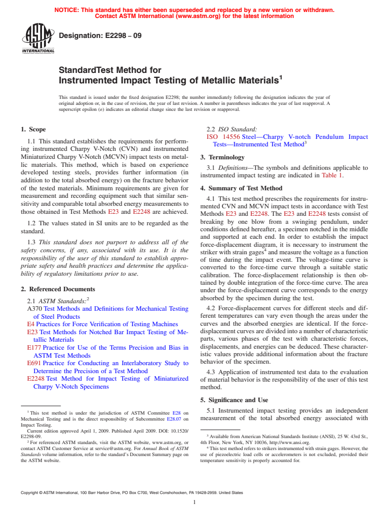 ASTM E2298-09 - Standard Test Method for Instrumented Impact Testing of Metallic Materials