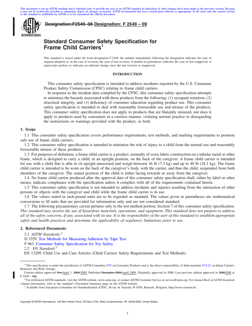 REDLINE ASTM F2549-09 - Standard Consumer Safety Specification for Frame Child Carriers