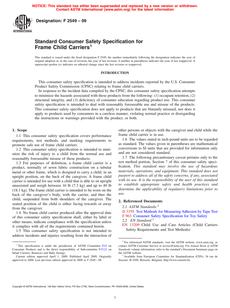 ASTM F2549-09 - Standard Consumer Safety Specification for Frame Child Carriers