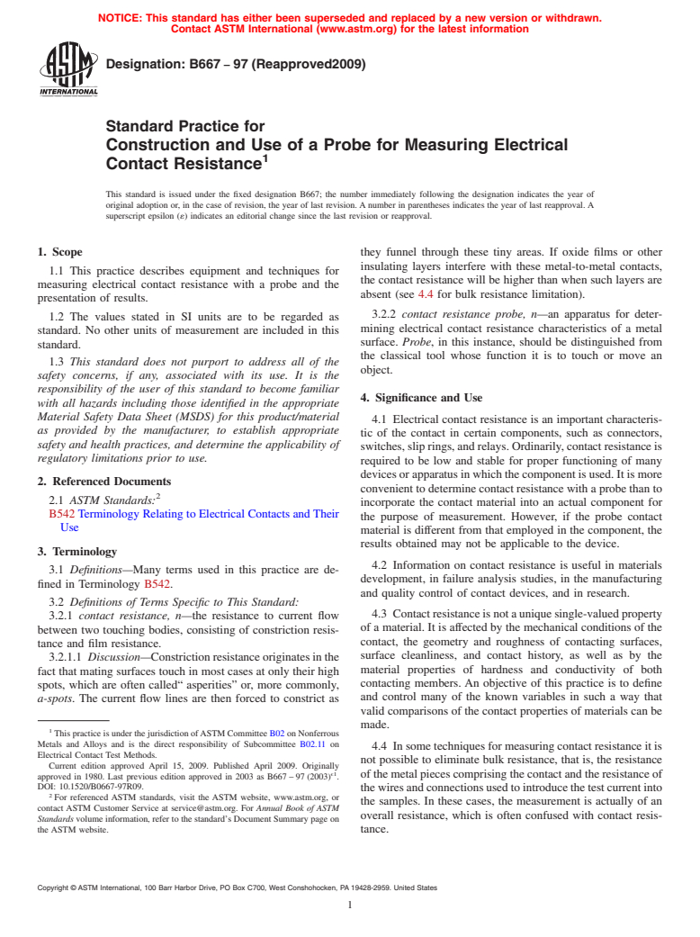 ASTM B667-97(2009) - Standard Practice for Construction and Use of a Probe for Measuring Electrical Contact Resistance