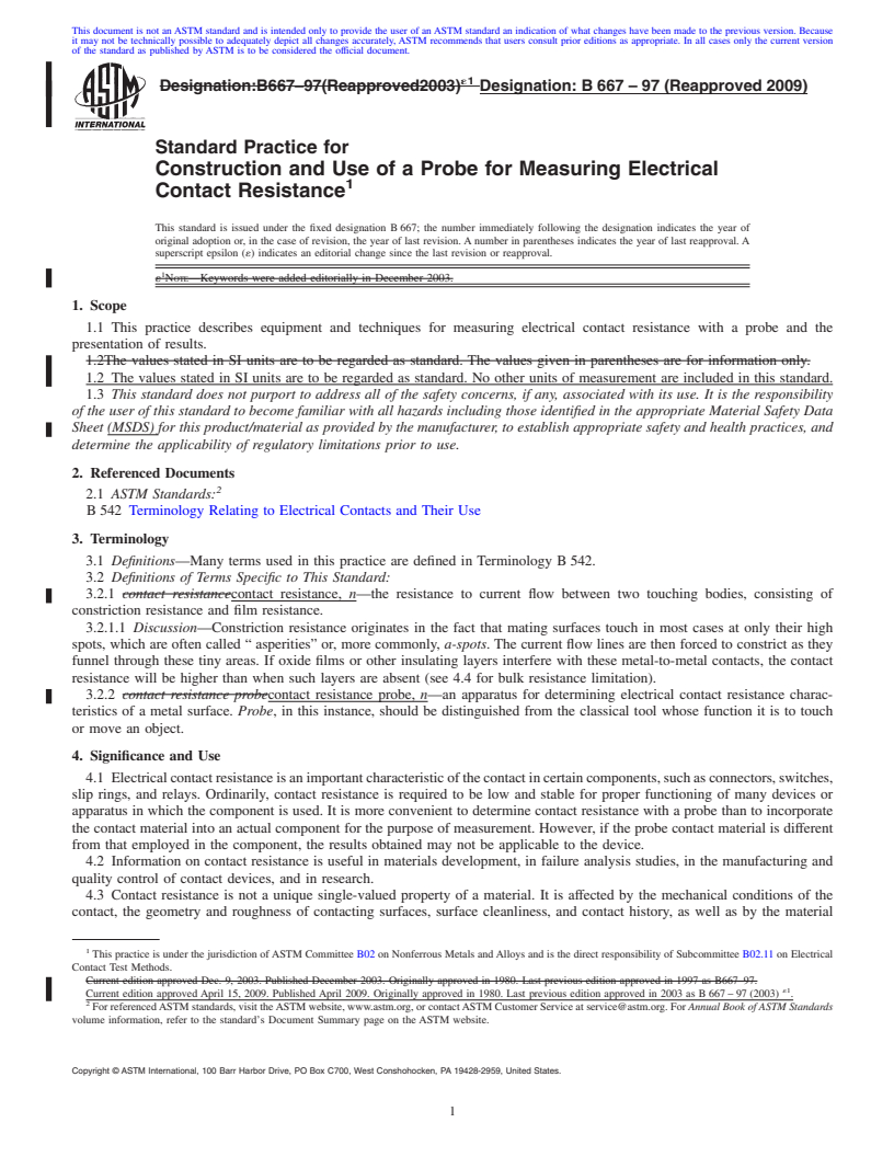 REDLINE ASTM B667-97(2009) - Standard Practice for Construction and Use of a Probe for Measuring Electrical Contact Resistance