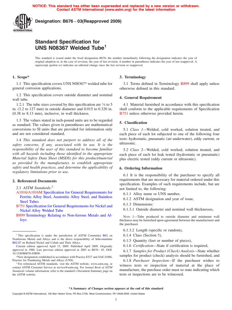 ASTM B676-03(2009) - Standard Specification for UNS N08367 Welded Tube