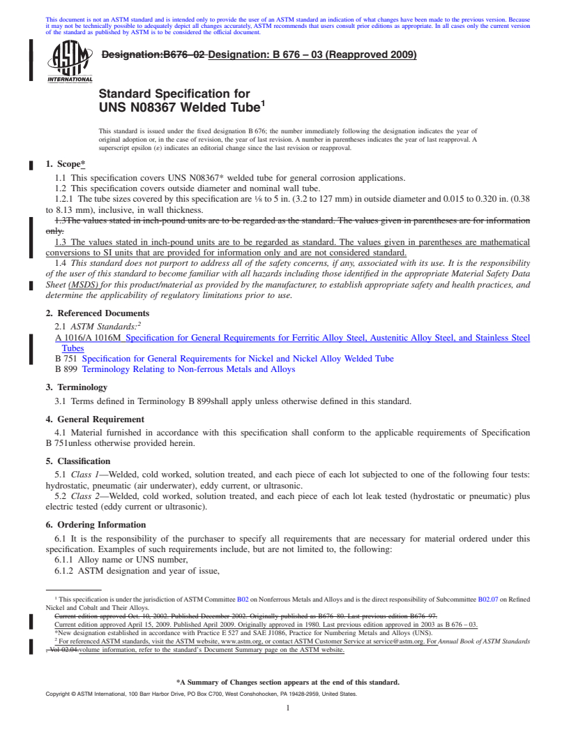 REDLINE ASTM B676-03(2009) - Standard Specification for UNS N08367 Welded Tube