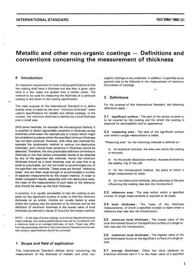 ISO 2064:1980 - Metallic and other non-organic coatings -- Definitions and conventions concerning the measurement of thickness