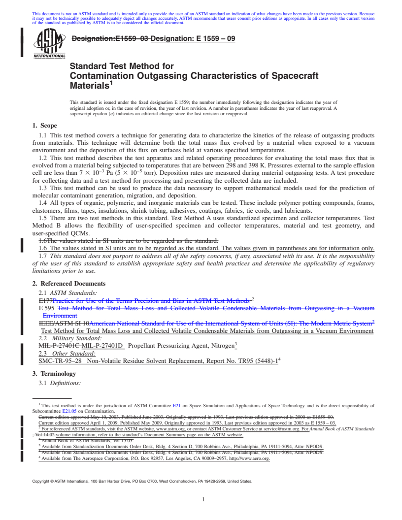 REDLINE ASTM E1559-09 - Standard Test Method for Contamination Outgassing Characteristics of Spacecraft Materials