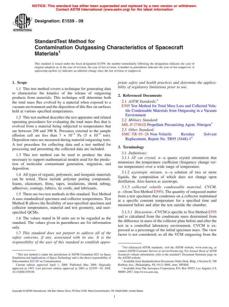 ASTM E1559-09 - Standard Test Method for Contamination Outgassing Characteristics of Spacecraft Materials