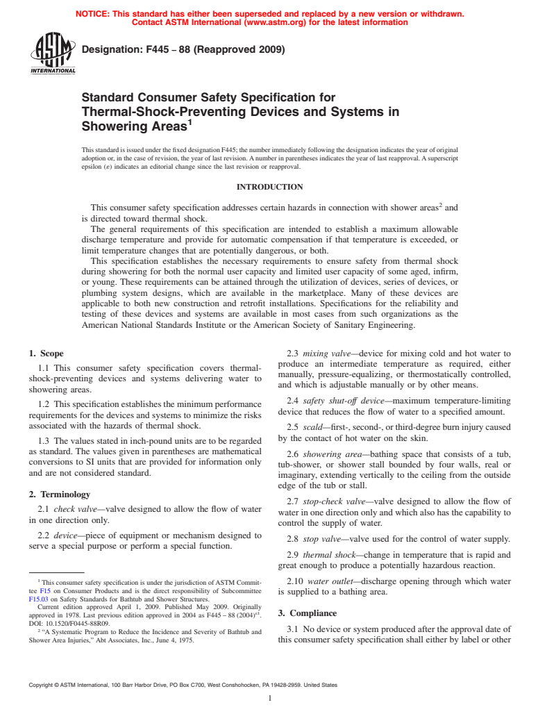 ASTM F445-88(2009) - Consumer Safety Specification for Thermal-Shock-Preventing Devices and Systems in Showering Areas