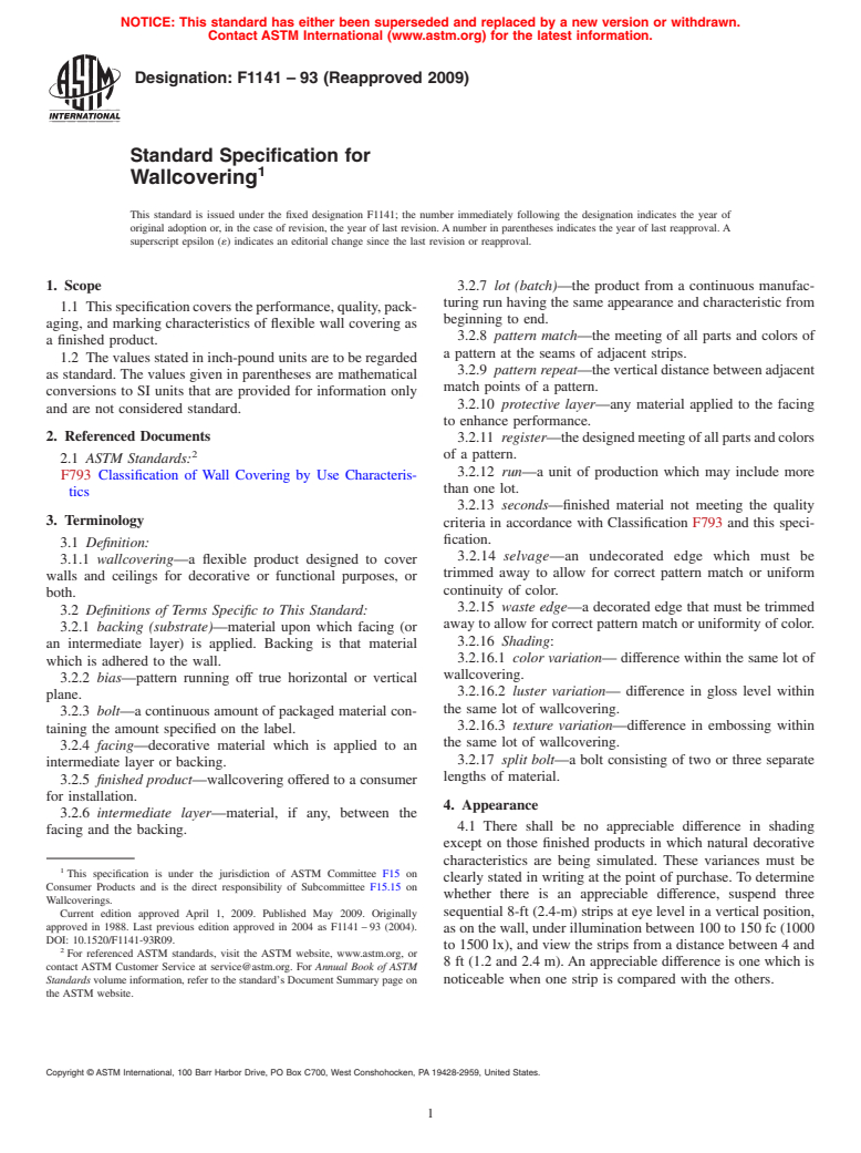 ASTM F1141-93(2009) - Standard Specification for Wallcovering