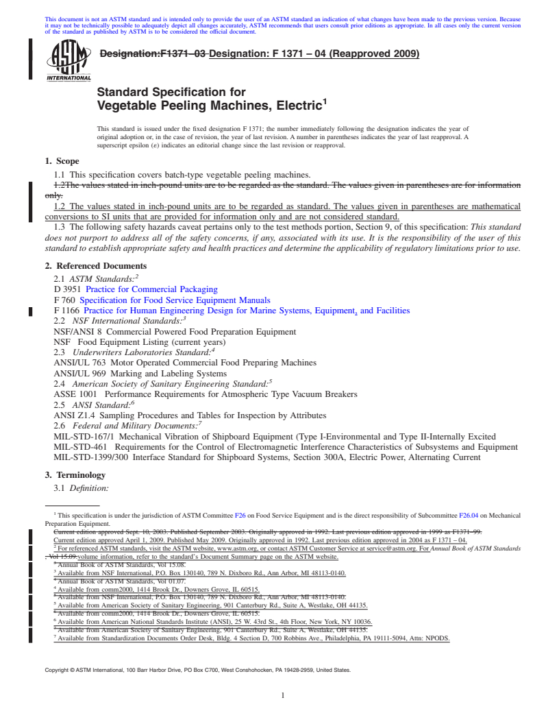 REDLINE ASTM F1371-04(2009) - Standard Specification for Vegetable Peeling Machines, Electric