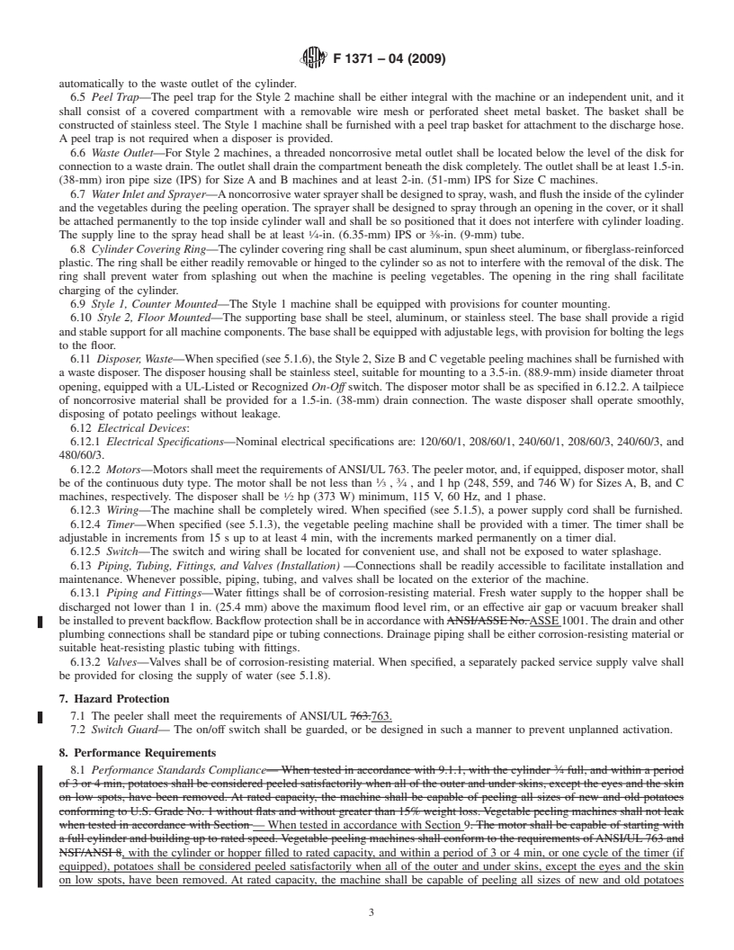 REDLINE ASTM F1371-04(2009) - Standard Specification for Vegetable Peeling Machines, Electric