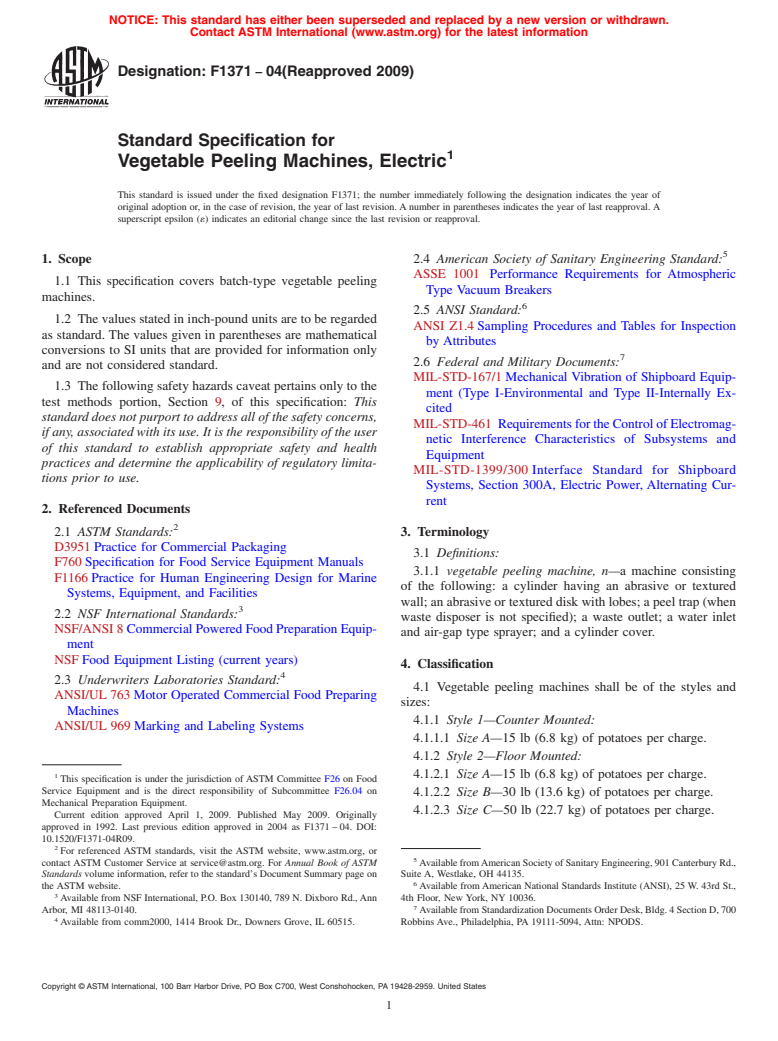 ASTM F1371-04(2009) - Standard Specification for Vegetable Peeling Machines, Electric