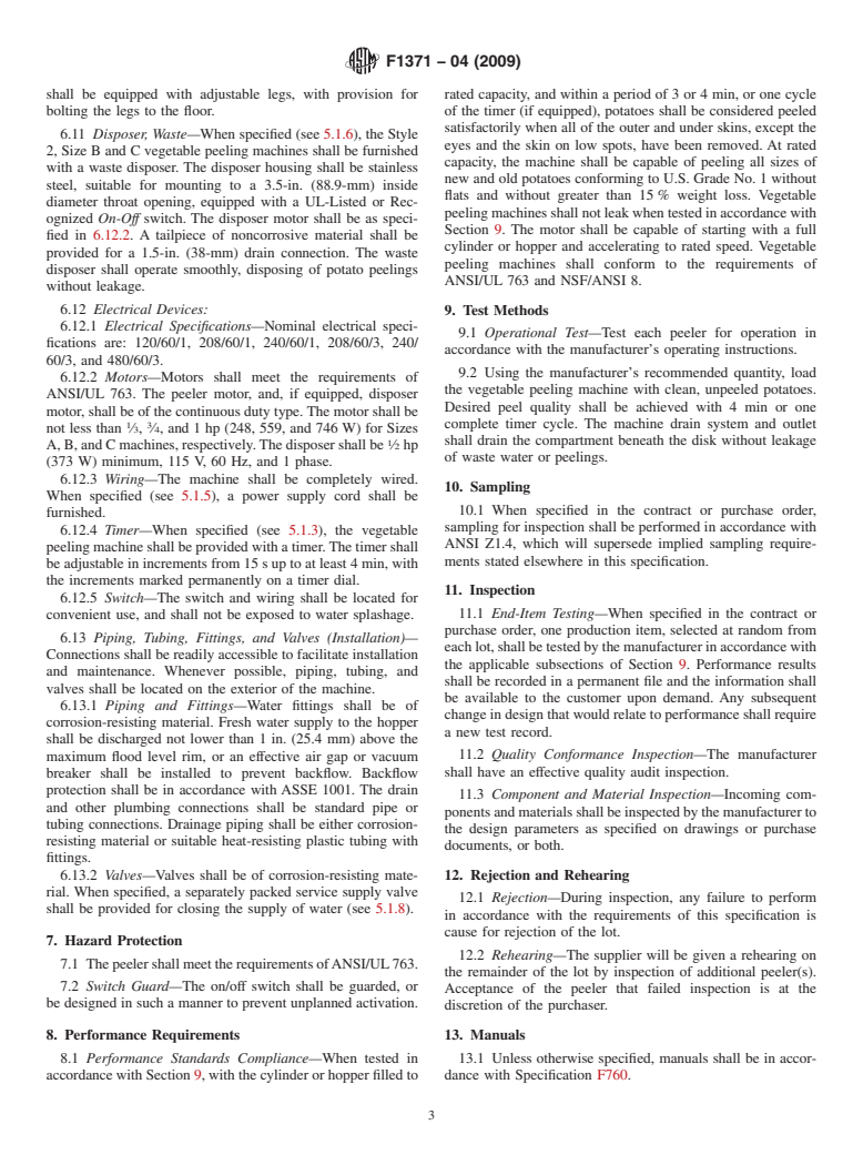 ASTM F1371-04(2009) - Standard Specification for Vegetable Peeling Machines, Electric