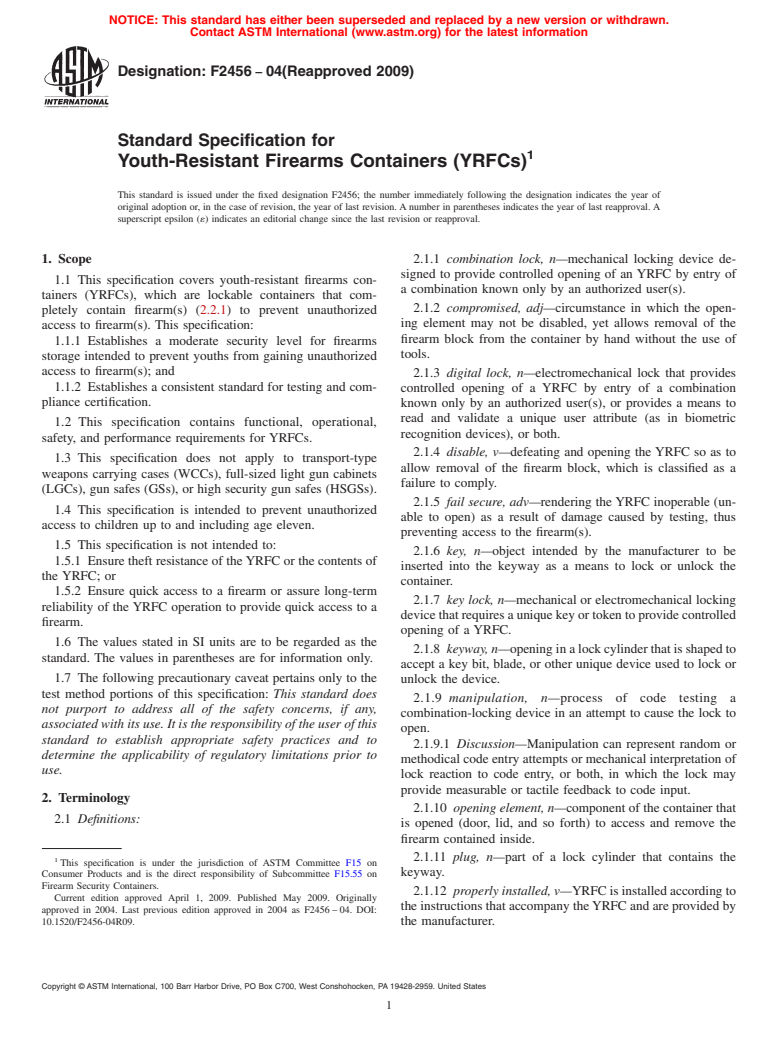 ASTM F2456-04(2009) - Standard Specification for Youth-Resistant Firearms Containers (YRFCs)