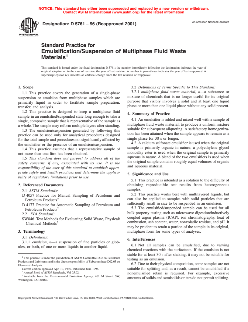 ASTM D5761-96(2001) - Standard Practice for Emulsification/Suspension of Multiphase Fluid Waste Materials