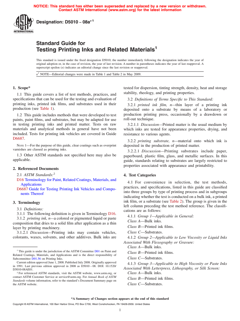 ASTM D5010-08ae1 - Standard Guide for Testing Printing Inks and Related Materials (Withdrawn 2017)