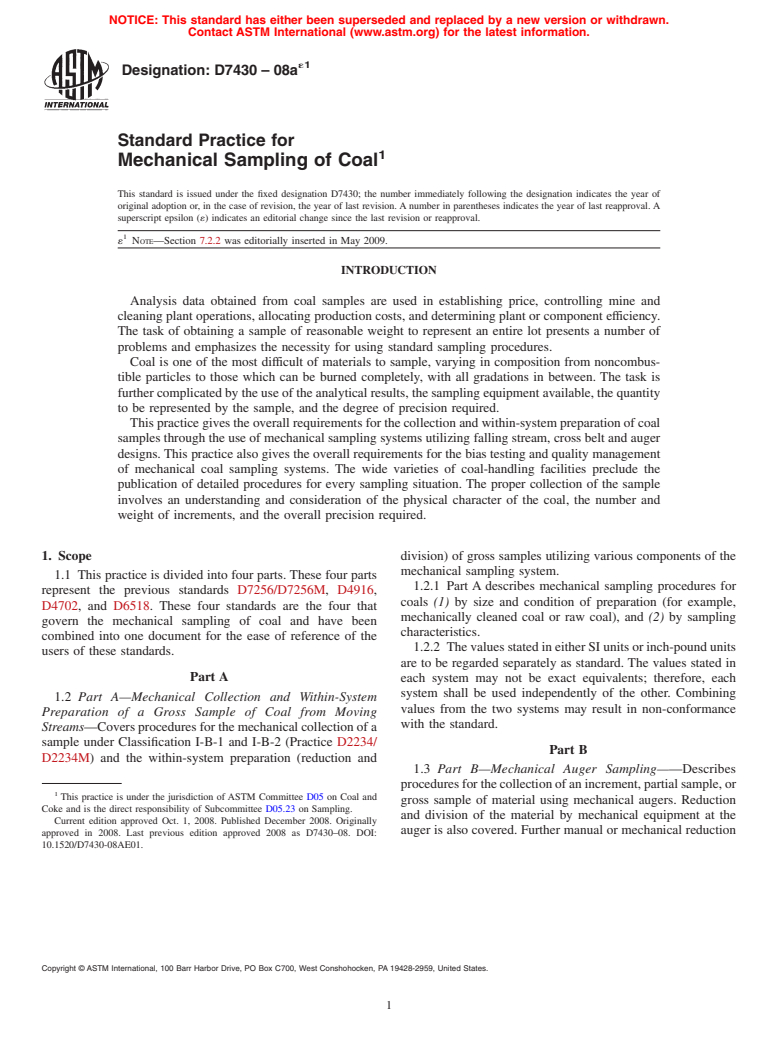 ASTM D7430-08ae1 - Standard Practice for Mechanical Sampling of Coal