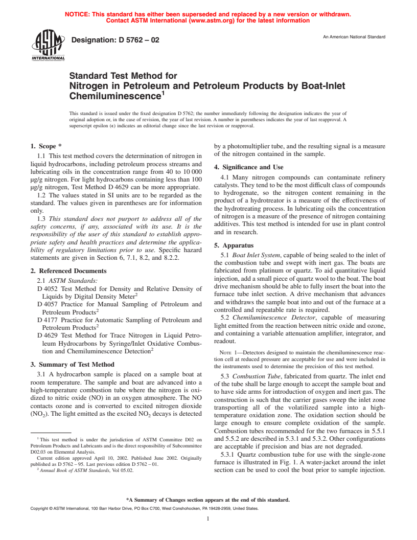 ASTM D5762-02 - Standard Test Method for Nitrogen in Petroleum and Petroleum Products by Boat-Inlet Chemiluminescence