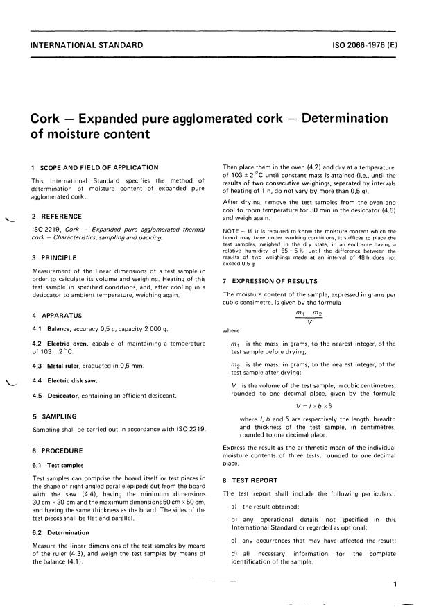 ISO 2066:1976 - Cork -- Expanded pure agglomerated cork -- Determination of moisture content