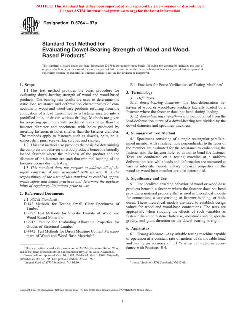 ASTM D5764-97a - Standard Test Method for Evaluating Dowel-Bearing Strength of Wood and Wood-Base Products