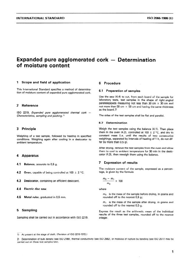 ISO 2066:1986 - Expanded pure agglomerated cork -- Determination of moisture content