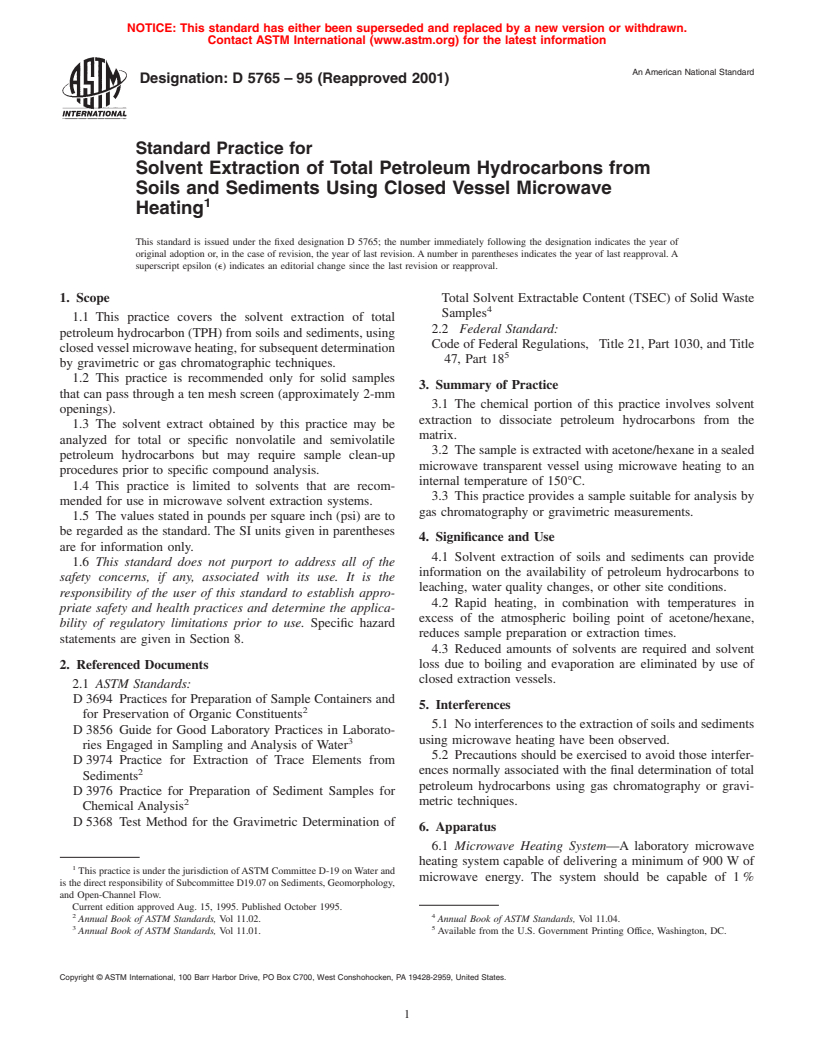 ASTM D5765-95(2001) - Standard Practice for Solvent Extraction of Total Petroleum Hydrocarbons from Soils and Sediments Using Closed Vessel Microwave Heating