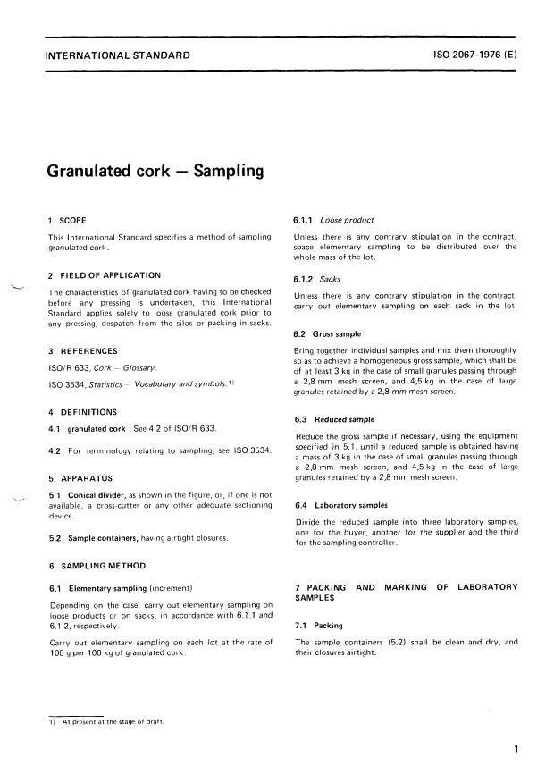 ISO 2067:1976 - Granulated cork -- Sampling