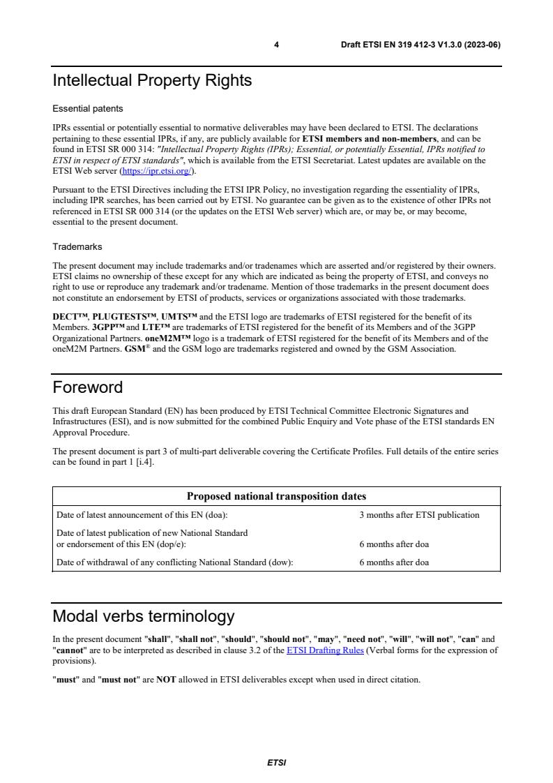 SIST EN 319 412-3 V1.3.1:2023 ETSI EN 319 412-3 V1.3.0 (2023-06) - Electronic Signatures and Infrastructures (ESI); Certificate Profiles; Part 3: Certificate profile for certificates issued to legal persons - Page 4 preview