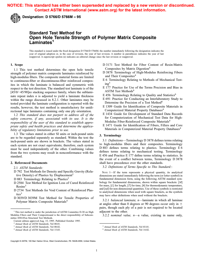 ASTM D5766/D5766M-95 - Standard Test Method for Open Hole Tensile Strength of Polymer Matrix Composite Laminates