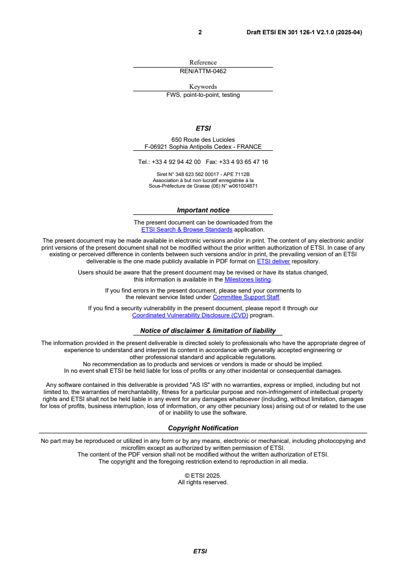 SIST EN 301 126-1 V2.1.1:2025 ETSI EN 301 126-1 V2.1.0 (2025-04) - Fixed Radio Systems; Conformance testing; Part 1: Point-to-point equipment - Definitions, general requirements and test procedures - Page 2 preview