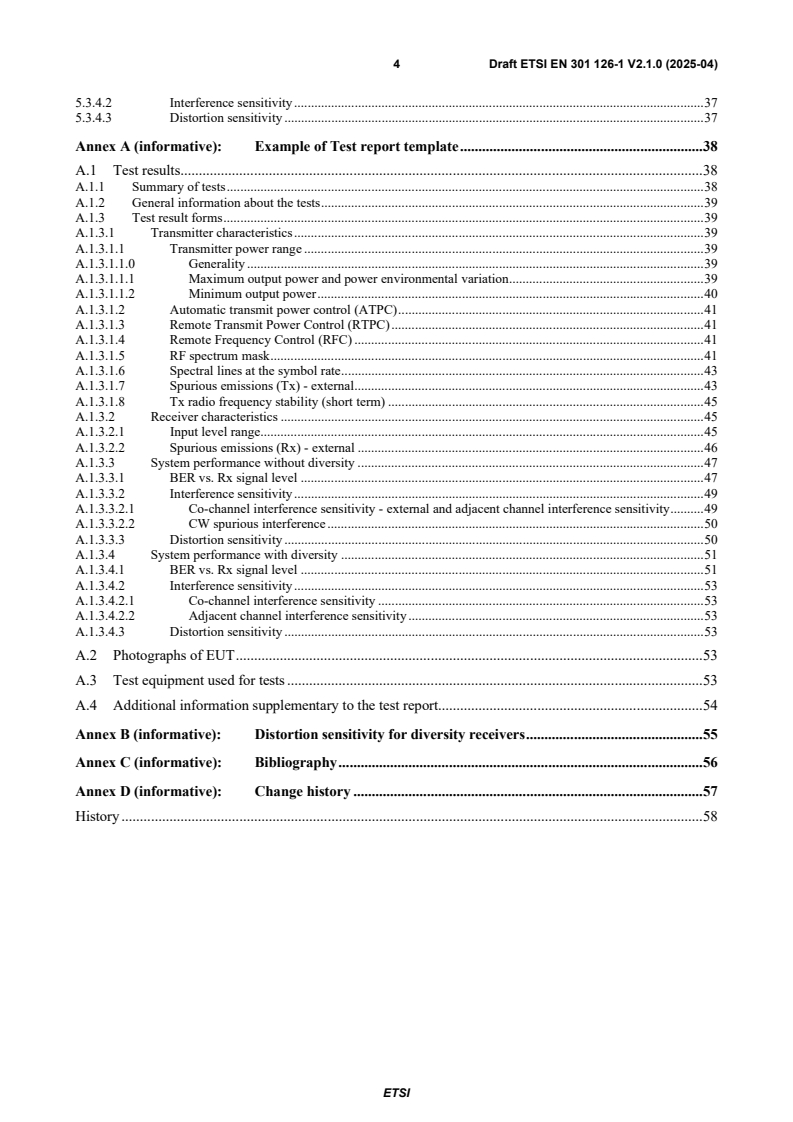 SIST EN 301 126-1 V2.1.1:2025 ETSI EN 301 126-1 V2.1.0 (2025-04) - Fixed Radio Systems; Conformance testing; Part 1: Point-to-point equipment - Definitions, general requirements and test procedures - Page 4 preview