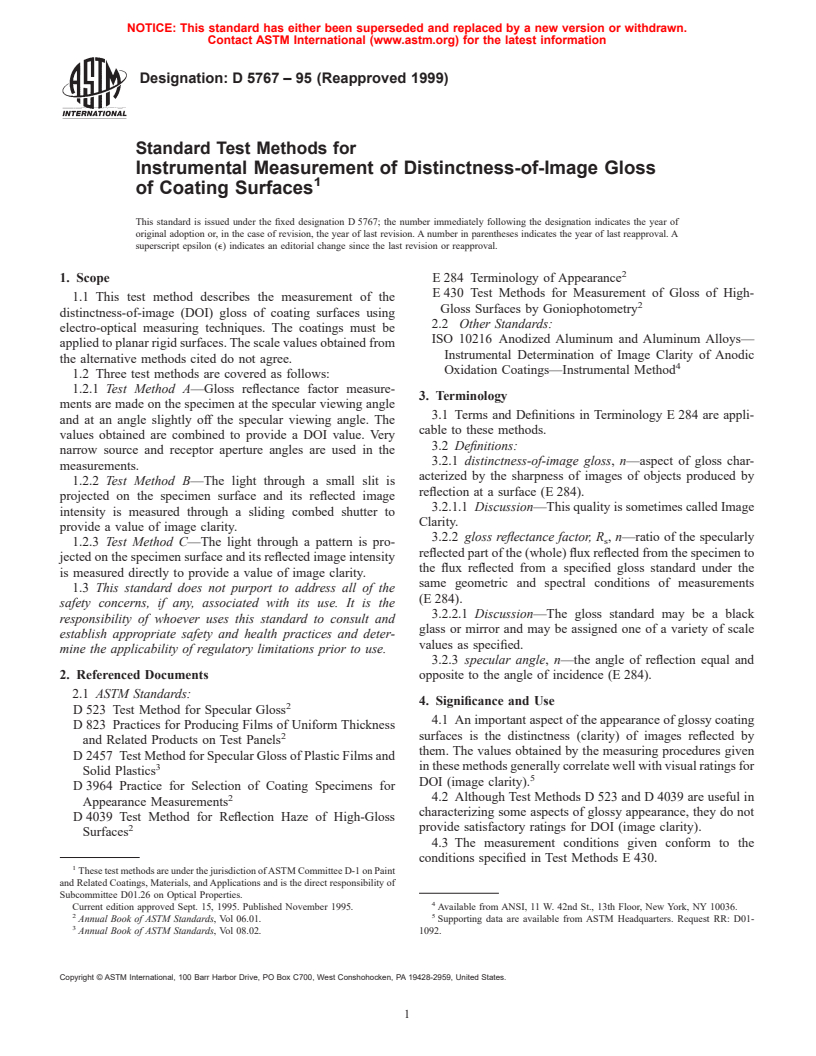 ASTM D5767-95(1999) - Standard Test Methods for Instrumental Measurement of Distinctness-of-Image Gloss of Coating Surfaces