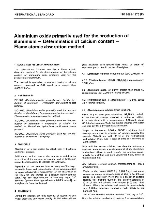 ISO 2069:1976 - Aluminium oxide primarily used for the production of aluminium -- Determination of calcium content -- Flame atomic absorption method