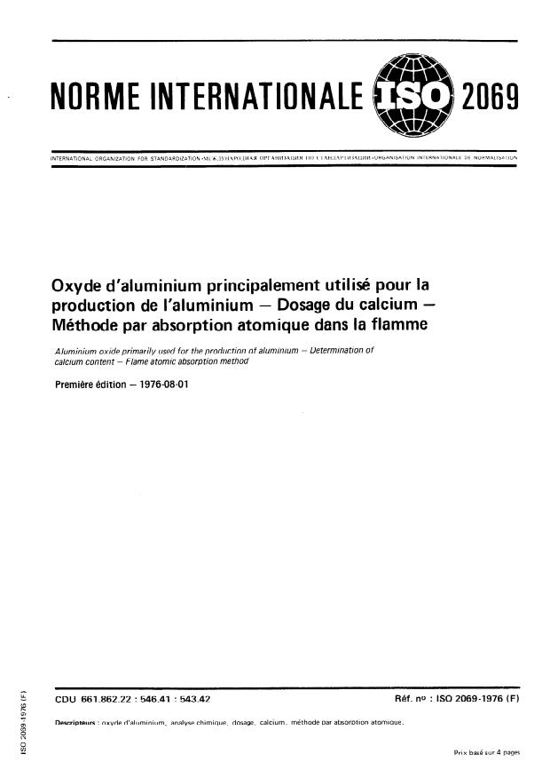 ISO 2069:1976 - Oxyde d'aluminium principalement utilisé pour la production de l'aluminium -- Dosage du calcium -- Méthode par absorption atomique dans la flamme