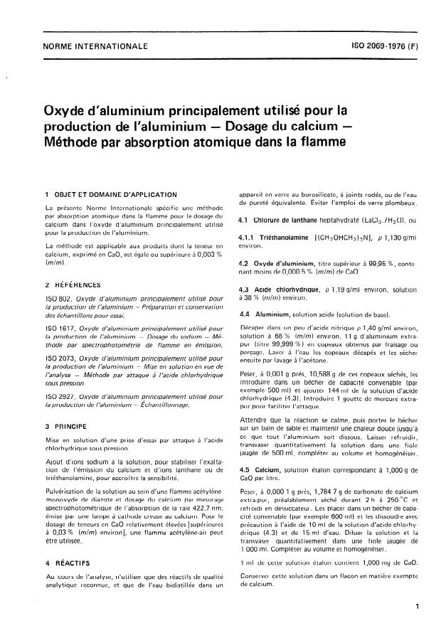 ISO 2069:1976 - Oxyde d'aluminium principalement utilisé pour la production de l'aluminium -- Dosage du calcium -- Méthode par absorption atomique dans la flamme