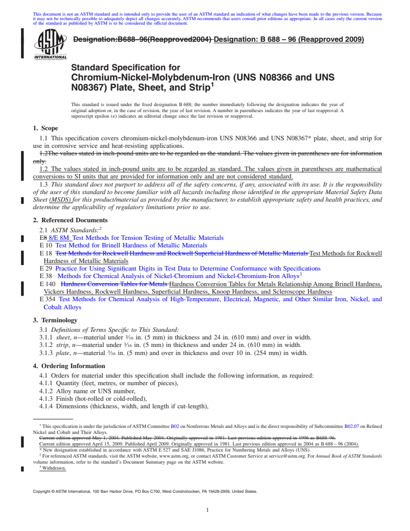 REDLINE ASTM B688-96(2009) - Standard Specification for Chromium-Nickel-Molybdenum-Iron (UNS N08366 and UNS N08367) Plate, Sheet, and Strip