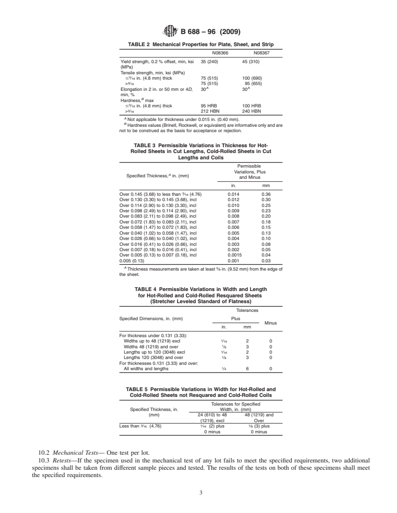 REDLINE ASTM B688-96(2009) - Standard Specification for Chromium-Nickel-Molybdenum-Iron (UNS N08366 and UNS N08367) Plate, Sheet, and Strip