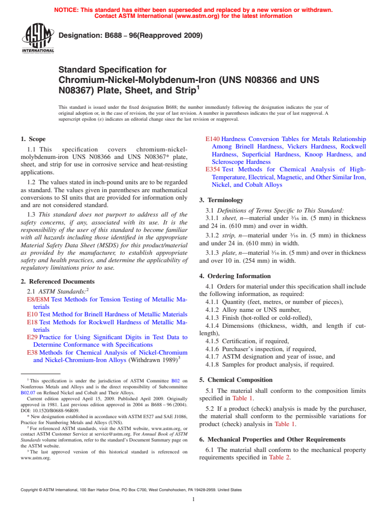 ASTM B688-96(2009) - Standard Specification for Chromium-Nickel-Molybdenum-Iron (UNS N08366 and UNS N08367) Plate, Sheet, and Strip