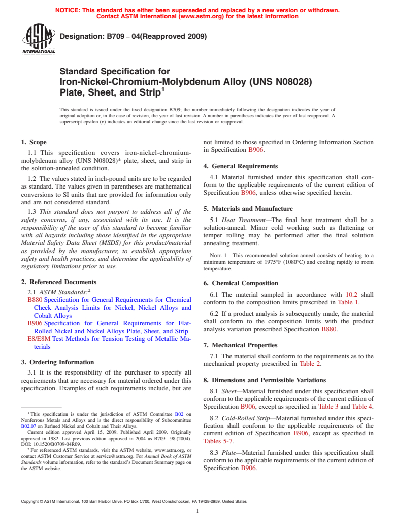 ASTM B709-04(2009) - Standard Specification for Iron-Nickel-Chromium-Molybdenum Alloy (UNS N08028)* Plate, Sheet, and Strip