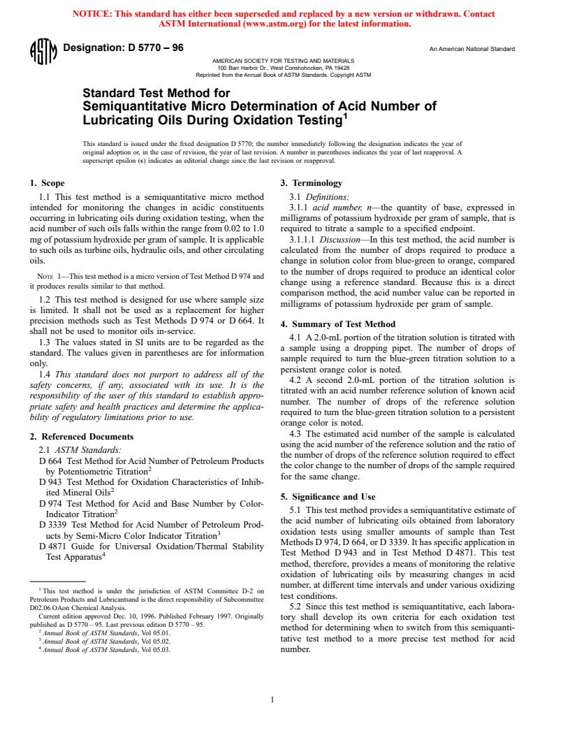 ASTM D5770-96 - Standard Test Method for Semiquantitative Micro Determination of Acid Number of  Lubricating Oils During Oxidation Testing